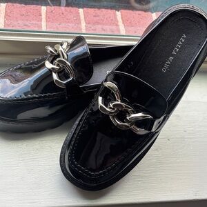 Patent Leather Black Chain-Trim Mules by Azalea